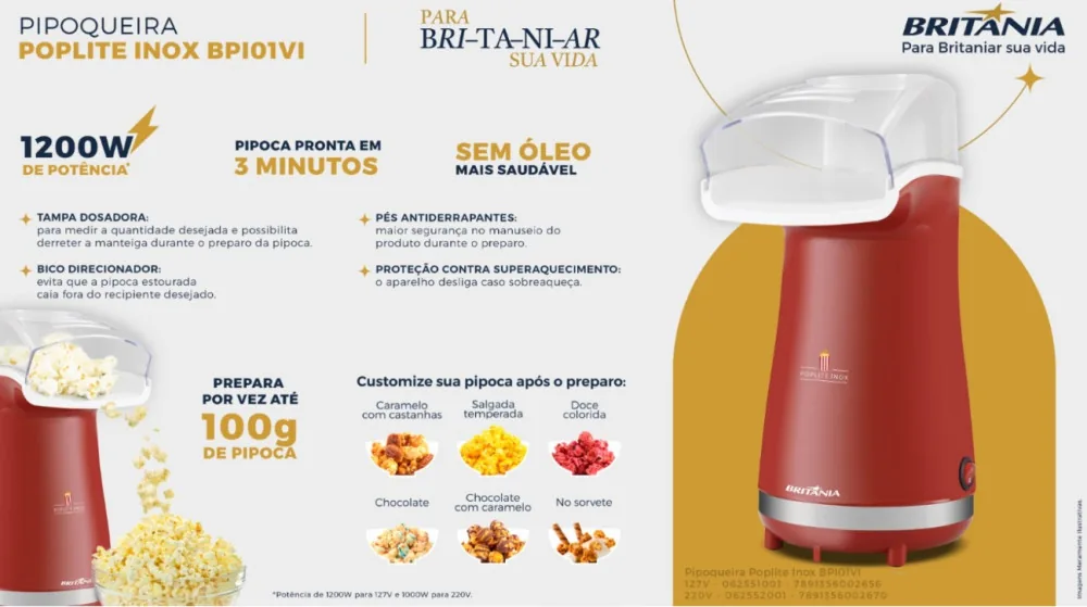 PIPOQUEIRA BRITANIA POPLITE INOX VERMELHA  220V ANTIGA:62552004 / POP TIME