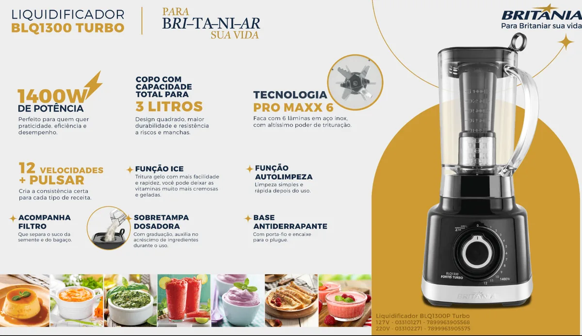 LIQUIDIFICADOR BRITANIA BLQ1300P TURBO 12 VEL. 3L 1.400W 220V ANTIGO: B1500P e B1300