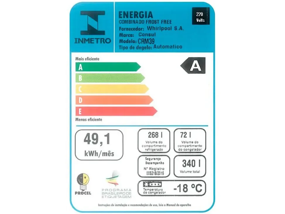 REFRIGERADOR CONSUL CRM39AKBNA 340LT FROST FREE PLATINUM 220V 2