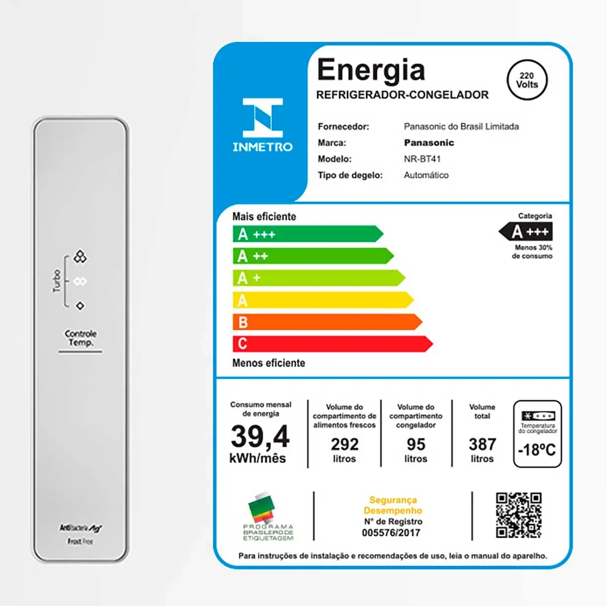 REFRIGERADOR PANASONIC NR-BT41PD1WB 387LT FROST FREE BRANCA 220V 2