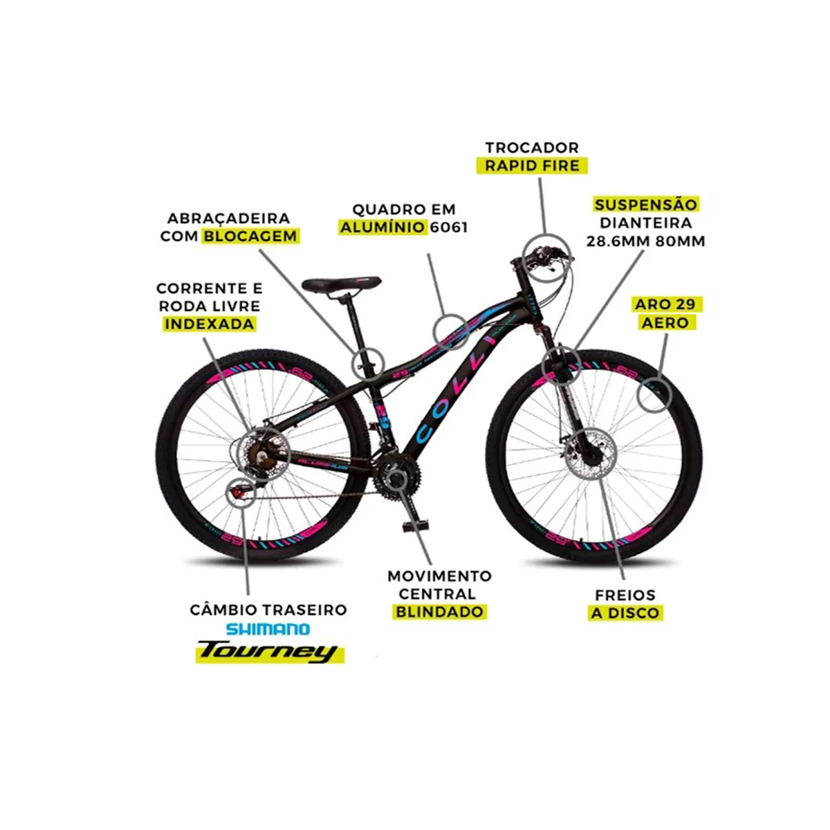 BICICLETA A29 COLLI  EUDORA ALUM. SHIMANO PRETO MULTICOLOR Q15,5 7