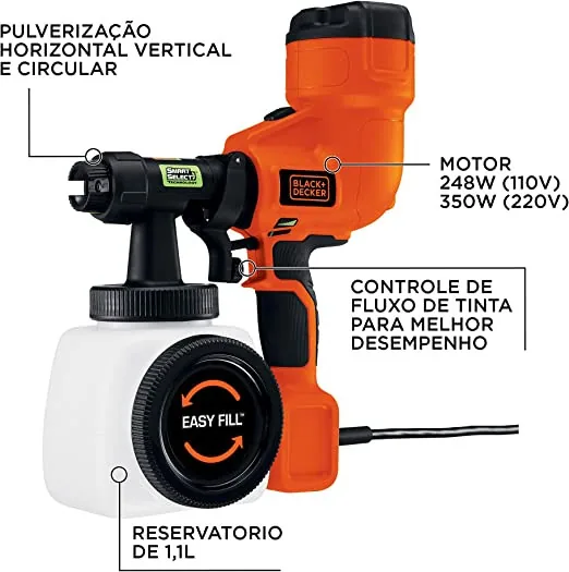 Pistola pintura e pulverizacao black e decker 350w bdph200b 220v
