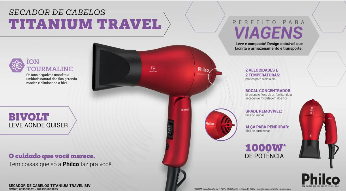 SECADOR CABELO TRAVEL PHILCO/BRITANIA BSC1200 ANTIGO - PSC16 DIAMOND 1.200W BIVOLT 220V