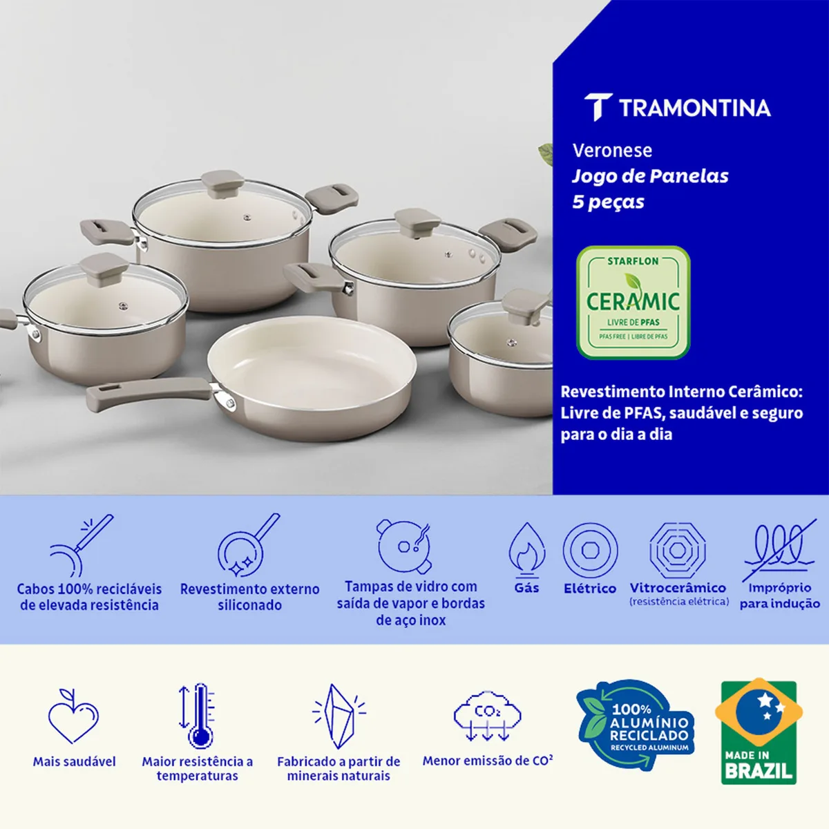 JOGO PANELA TRAMONTINA 5PC VERONESE C/ CERAMICA 28699/316 BEGE 2