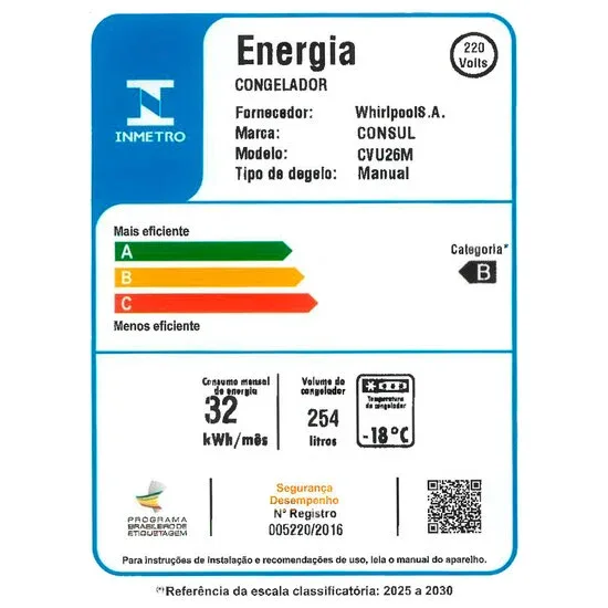 FREEZER VERTICAL CONSUL CVU26MBBNA 254LT BRANCO 220V 3