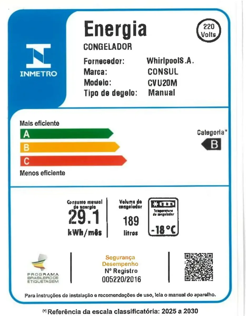 FREEZER VERTICAL CONSUL CVU20MBBNA 189LT BRANCO 220V 2