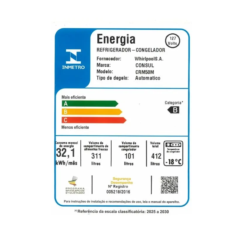 REFRIGERADOR CONSUL CRM50MBBNA 412LT FROST FREE BRANCO 220V 3