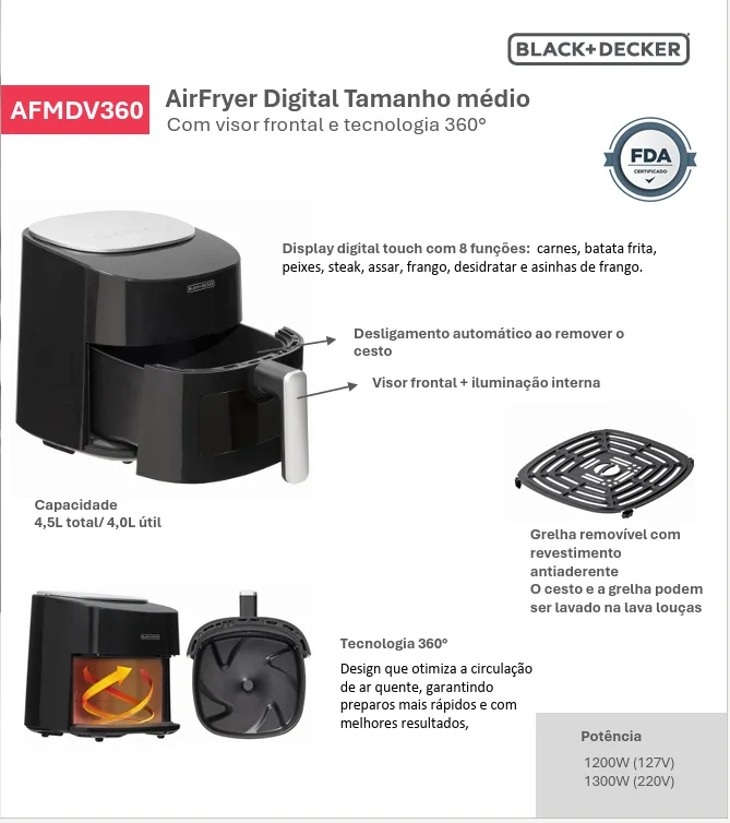 FRITADEIRA ELETRICA BLACK DECKER AYR FRYER 4,5L DIGITAL VISOR AFMD360 220V 2