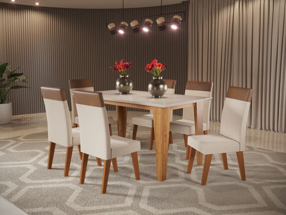 Jogo mesa viero 6c requinte/veneza 1.60x0.90 mel tampo mdf vidro off/white linho bronze
