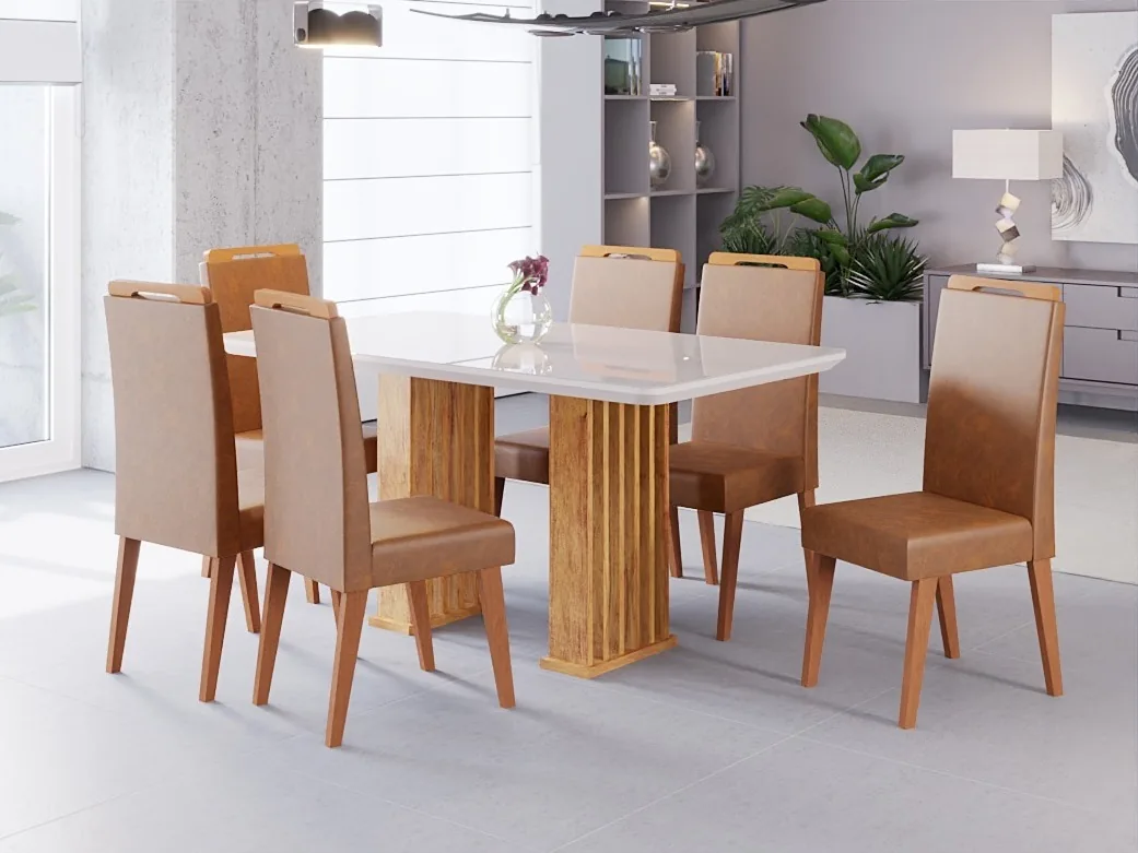 Jogo mesa viero 6c munique/lotus 1.60 mel tampo mdf vidro natural corino durango